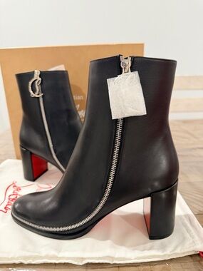 Christian Louboutin Black Leather Zip-Trim Ankle Boots with Red Sole
